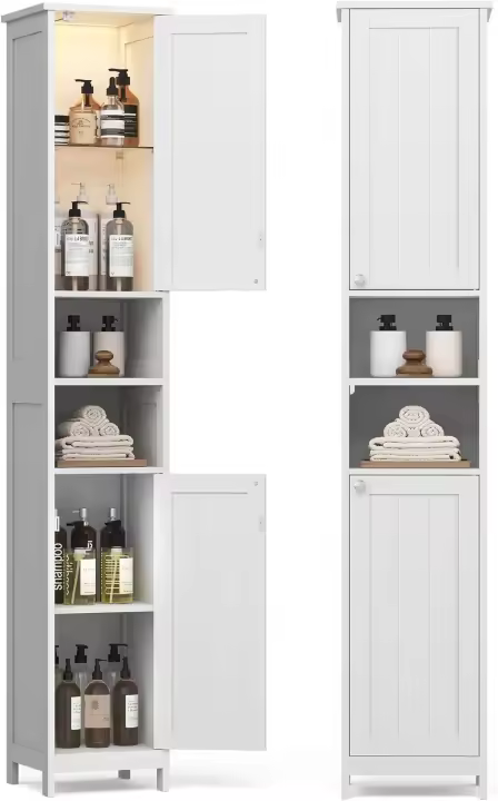 Armario de Baño Alto con Iluminación Delgado y Ajustable con Estantes Diseño Moderno Blanco Nube - 1