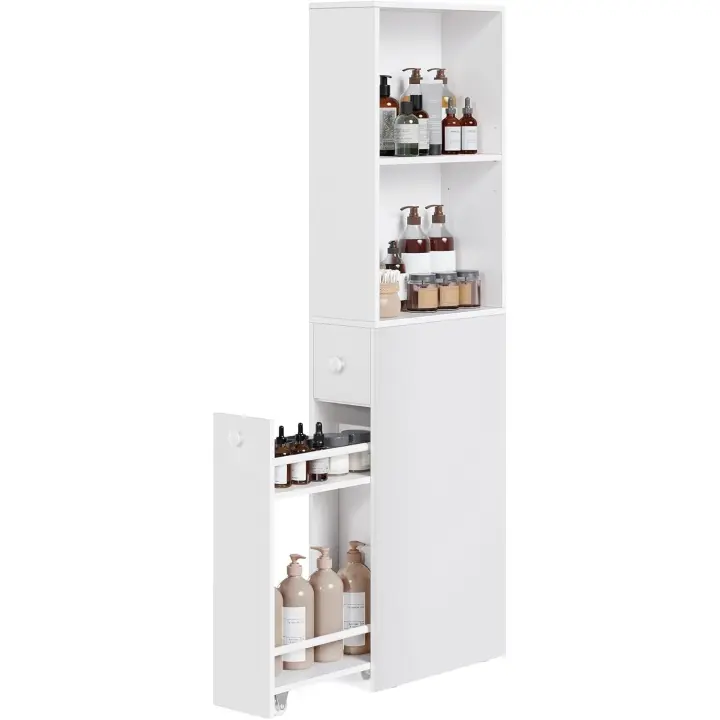 Armario de Baño Alto y Delgado Estilo Moderno Blanco Clásico Ajustable con Cajones y Estante - 1