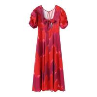 OUWU-Vestido Midi con diseño sin espalda para mujer, elegante con estampado, cuello vuelto, mangas abullonadas, corte en A, novedad de verano 2024 - details 3