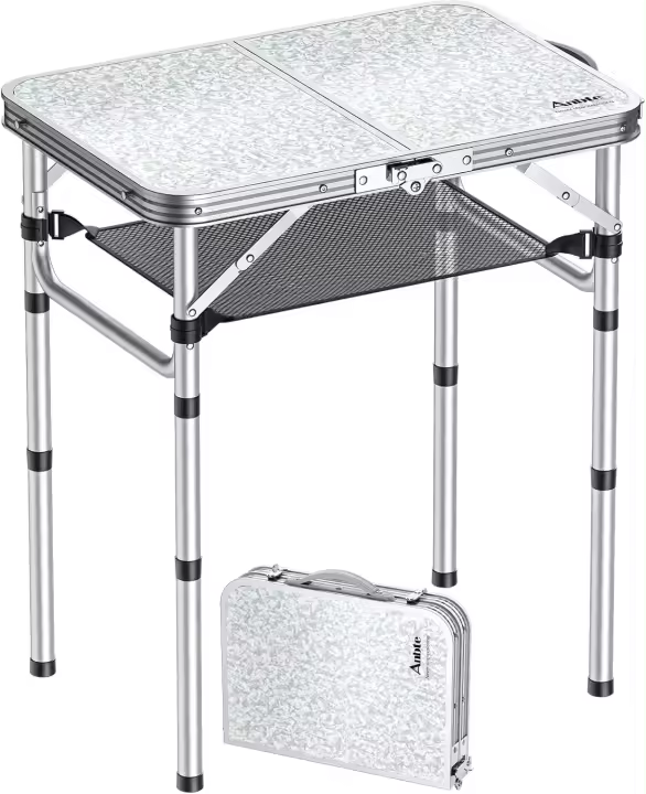 Mesa de Camping Plegable Portátil Longitud Ajustable Impermeable Negro Ideal para BBQ en la Playa - 1
