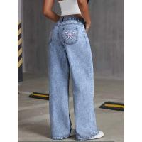 Pantalones de pierna ancha de moda bordados con lazo en el bolsillo trasero para mujer Pantalones de mezclilla lavados versátiles - details 1