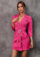 Vestido de traje informal para mujer, chaqueta de manga de tres cuartos, cuello en V, botones, Rosa S - details 6