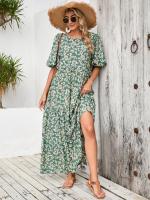 Vestido suelto de manga media con cuello redondo y falda larga floral informal retro de talla grande - details 4