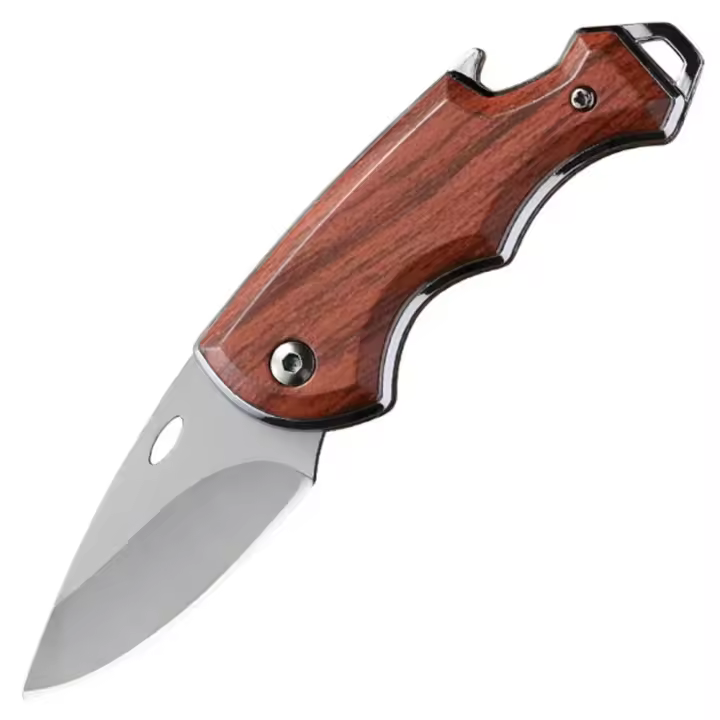Cuchillo Plegable Portátil EDC Para Camping Y Caza Táctica Hoja De Acero Inoxidable Duradero Con Abrebotellas Y Mango De Madera - 1