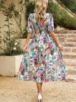 Vestido de verano de estilo callejero para mujer, traje elegante y Sexy con cuello en V, estampado de flores, mangas farol, largo, 2024 - details 7