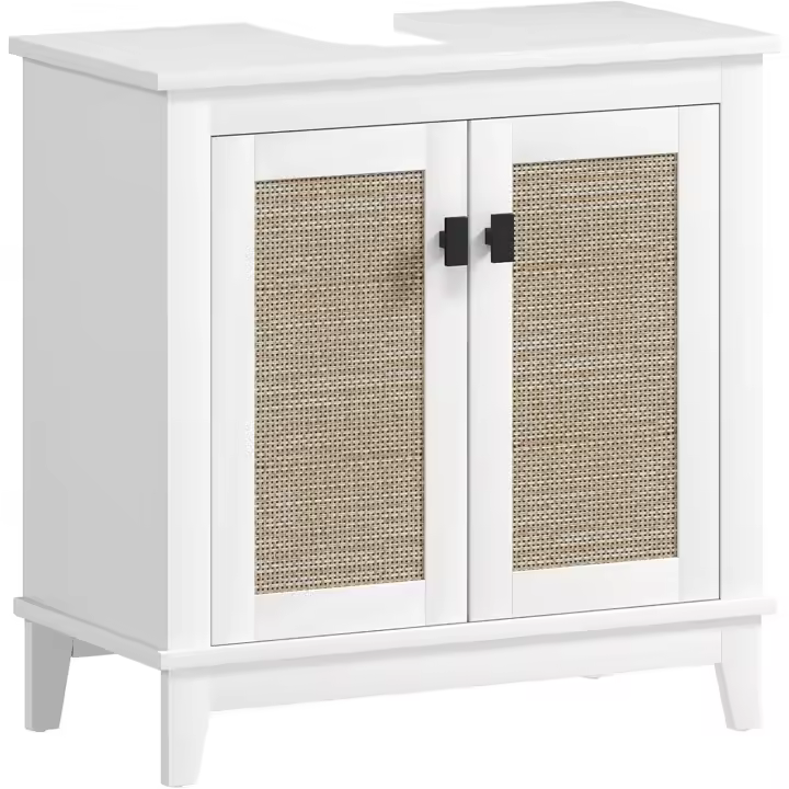 Debajo l Lavabo Pie 2 Puertas Ratán PE 2 Estantes y Sistema Antivuelco Cuarto 60x30x60 cm Blanco - 1