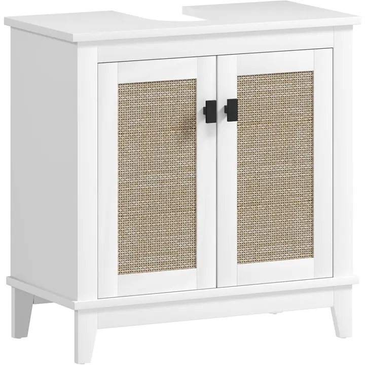 Debajo l Lavabo Pie 2 Puertas Ratán PE 2 Estantes y Sistema Antivuelco Cuarto 60x30x60 cm Blanco - 1