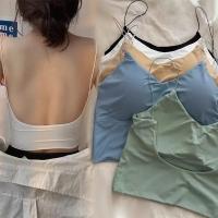 Tops cortos sexis para mujer, sujetador deportivo de seda helada para verano, chaleco con tirantes finos, Top para mujer, sujetador incorporado, camisola sin mangas con hombros descubiertos - details 0