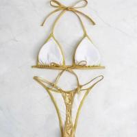 Conjunto de Halter de Brillo Dorado Metálico Traje de Baño de Dos Piezas Sexy con Tanga y Top - details 2