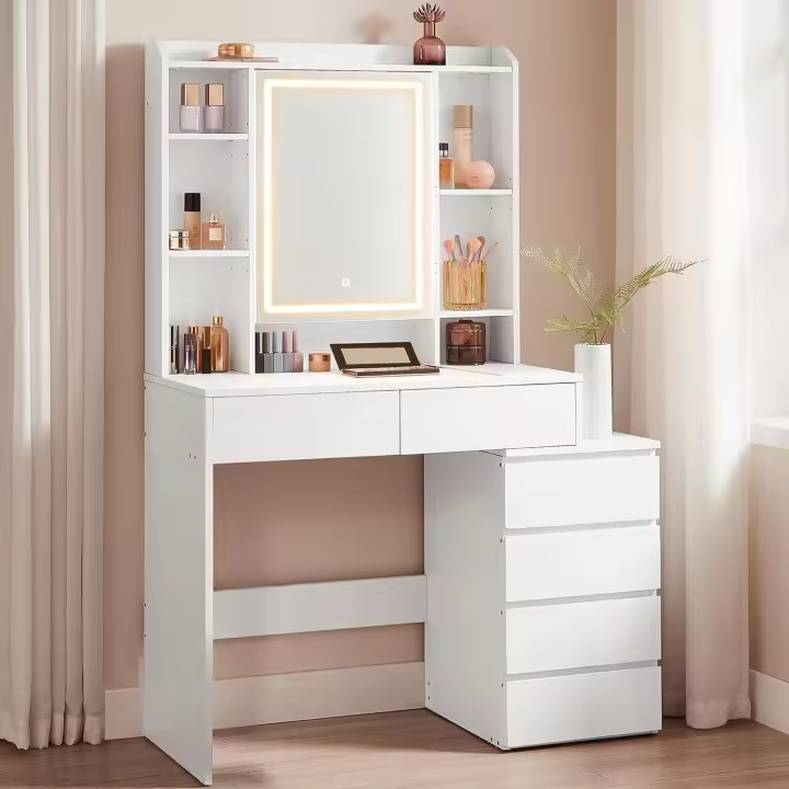 Tocador con Luces LED de Brillo Ajustable, Mesa de Maquillaje con Espejo, Compartimentos Abiertos, Estantes Ajustables, Estación de Maquillaje, Moderno, Blanco Nube - 1