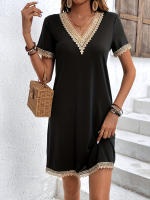 Verano francés encaje cuello V vestido de comercio exterior manga corta jersey a-line falda - details 0