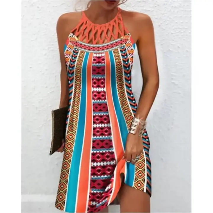 Vestido casual sin mangas con cinturón de malla y estampado étnico de nueva temporada primavera-verano 2025 para mujer - 1