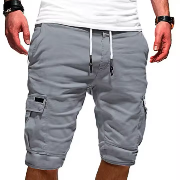 Pantalones cortos Cargo a la moda para hombre, pantalones cortos con múltiples bolsillos de color sólido, pantalones cortos holgados con cordón para correr, ropa para hombre - 1