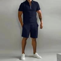 Traje Deportivo Casual para Hombres Polo de Color Sólido, Pantalones con Rayas Verticales, Manga Corta, Moda Suelta - details 1