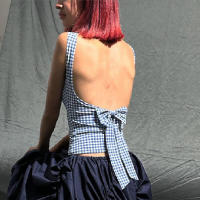 BUNO-Camiseta sin mangas con espalda descubierta y lazo para mujer, ropa de calle informal con estampado a cuadros, Tops cortos sin mangas, corsés ajustados de moda de verano, 2025 - details 4