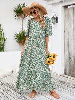 Vestido suelto de manga media con cuello redondo y falda larga floral informal retro de talla grande - details 2