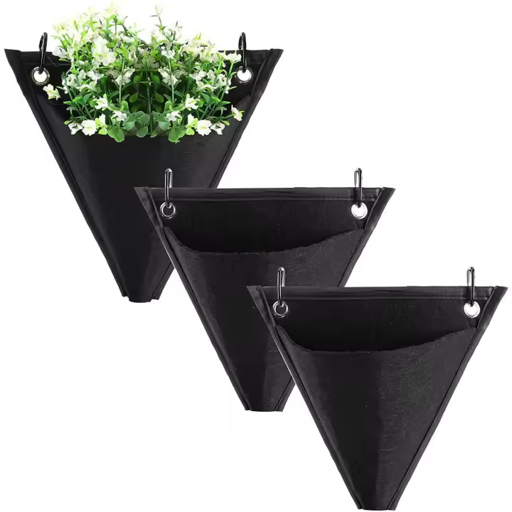 3 Piezas Bolsas de Plantación Colgantes Balcón, Bolsa de Plantación Colgante Vertical, Pared de Jardín Vertical, Diseño Triangular, con Ganchos, para Exterior, Interior, Jardín, Hogar, Decoración, Patio (Negro) - 1