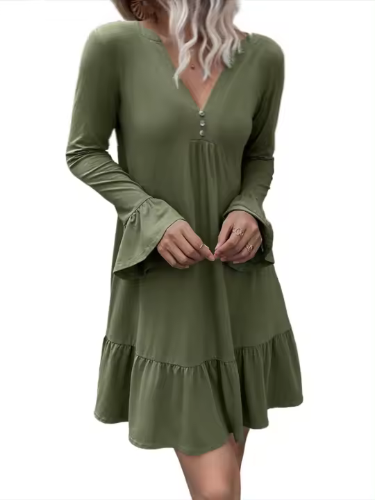 Vestido de manga larga con volantes para mujer, traje elegante y bonito de Color sólido con cuello en V, algodón Kpop X, una pieza, elástico completo G - 1