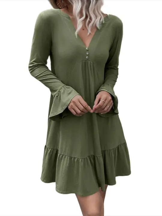 Vestido de manga larga con volantes para mujer, traje elegante y bonito de Color sólido con cuello en V, algodón Kpop X, una pieza, elástico completo G - 1