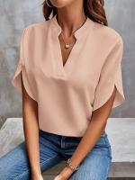 Blusa de manga dividida con cuello con muescas sólidas para mujer, top casual de media manga con hombros caídos para verano, ropa de mujer para uso diario, ropa de moda para mujer, ropa de mujer - details 0