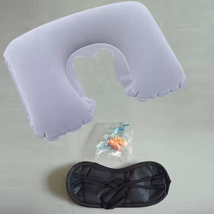 3 piezas de juego de almohada de viaje inflable en forma de U - Soporte de cuello de silicona con reposacabezas, tapones para los oídos y máscara para los ojos - Portátil, lavable, opciones multicolores - 1