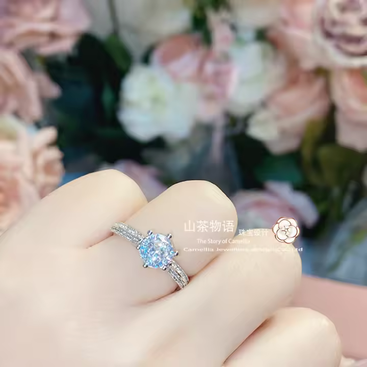 Anillo de boda de Hong Kong, anillo de dedo con circonita de seis garras, nicho chapado en oro de imitación de moissanita del mismo estilo - 1