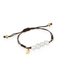 Pulsera de cuero marrón de plata 925 con perlas y oso dorado - details 0