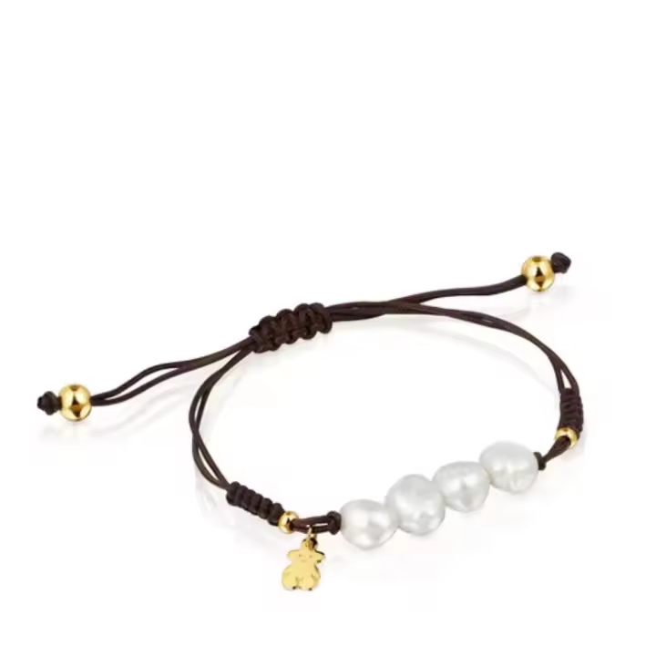 Pulsera de cuero marrón de plata 925 con perlas y oso dorado - 1