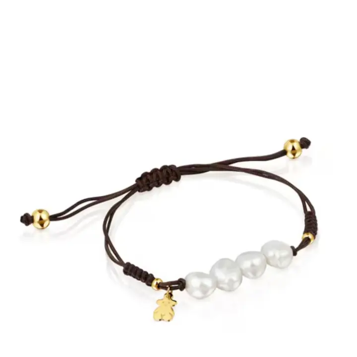 Pulsera de cuero marrón de plata 925 con perlas y oso dorado - 1
