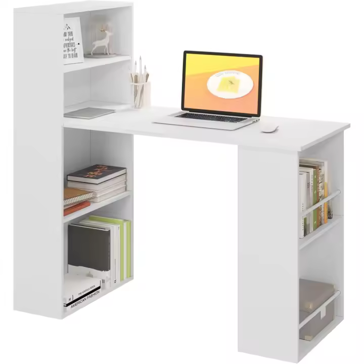 Ordenador, 120x55cm, Mesa de Despacho Reversible, Escritorio con Gran Almacenamiento con 6 Estantes, Mesa de Esquina para Estudio y Biblioteca, Blanco - 1
