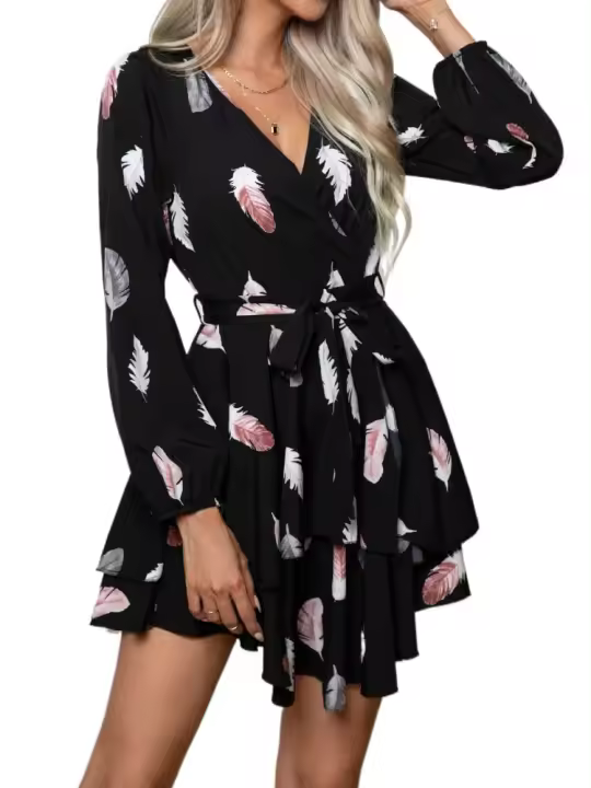 Elegante Vestido Corto con Cuello en Plumas Moda de Primavera Otoño para Mujeres - 1