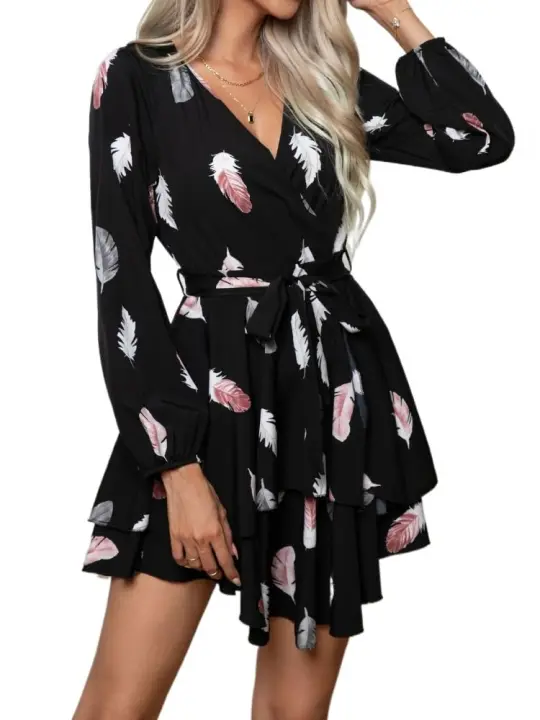 Elegante Vestido Corto con Cuello en Plumas Moda de Primavera Otoño para Mujeres - 1