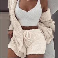 Suéter para mujer, artículos para el hogar, pijama informal de 3 piezas, chaleco de manga larga con ombligo, ribete de pantalones cortos, invierno - details 4