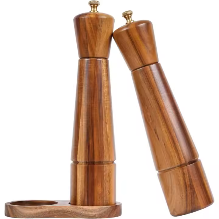 Juego de Molinillos DeroTeno Molinillo de Sal de Cerámica Ajustable Molinillo de Pimienta de Acero Inoxidable Madera de Acacia Altura de 27cm Diámetro Inferior de 6cm - 1