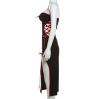 Vestido de choque de color para mujer, ropa de cuello de hombro recto, Delgado, correa de cadera - details 2