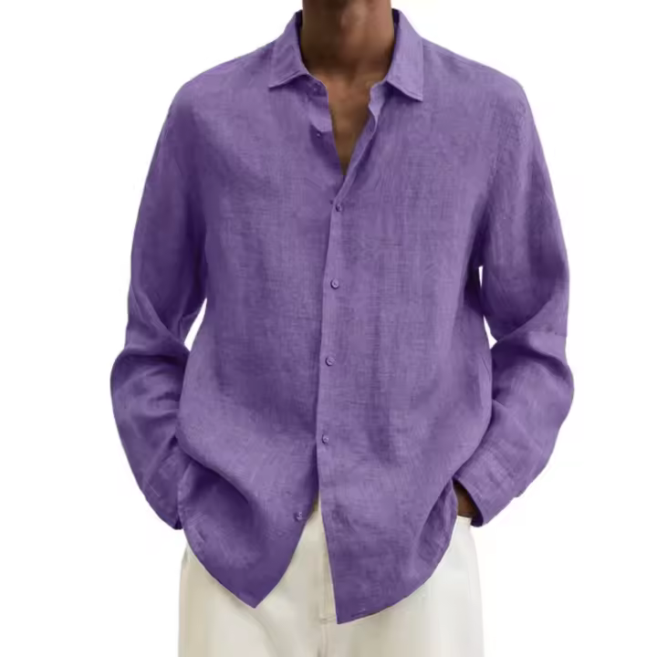 Camisa de algodón y lino de manga larga para hombres, Camisa suelta de color sólido con cuello en V, temperamento de los hombres - 1