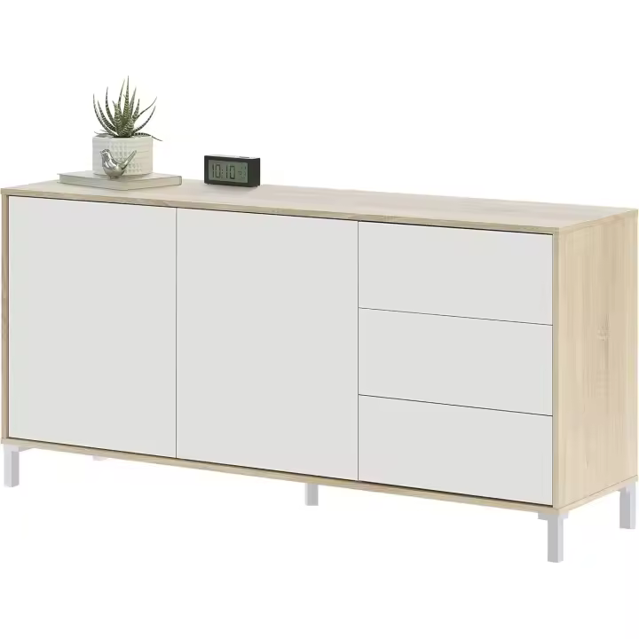 2 Puertas + 3 Cajones, Buffet, Modelo Brooklyn, Acabado Roble Canadiense y Blanco Artik, Medidas: 74 cm (alto) x 154 cm (ancho) x 41 cm (fondo) - 1