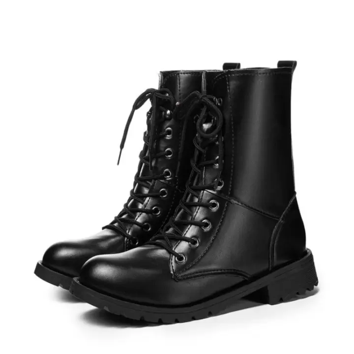 Botas Martin mujer talla grande, punta redonda, tacón alto grueso, cordones, informal, media pantorrilla, otoño e invierno - 1