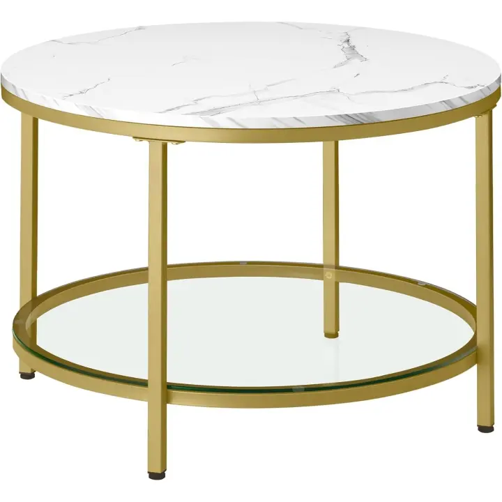 Mesa de Centro Redonda de Mármol de Imitación Estante de Vidrio Templado Fácil Montaje - 1