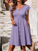 Nuevo vestido de manga corta elástico con cintura con botones y cuello en V para mujer - details 29