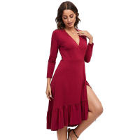 Vestido ajustado de manga larga con cuello en V y ribete de volantes, de color sólido y talla grande, para el trabajo, primavera 2025. - details 10