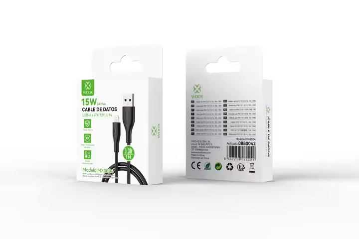 WOOX Cable USB Lightning negro de 15w para iPhone 11 12 13 Pro Max X XS XR 5 6 8 7 Plus iPad Cable cargador de carga rápida para cable de datos 1M plástico PVC - 1