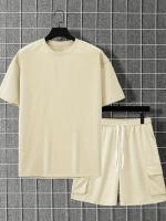 Tela transpirable] Conjunto de ropa deportiva beige para hombre: camiseta de poliéster con cuello redondo y pantalones cortos con cordón, lavable a máquina, comodidad de verano - details 22