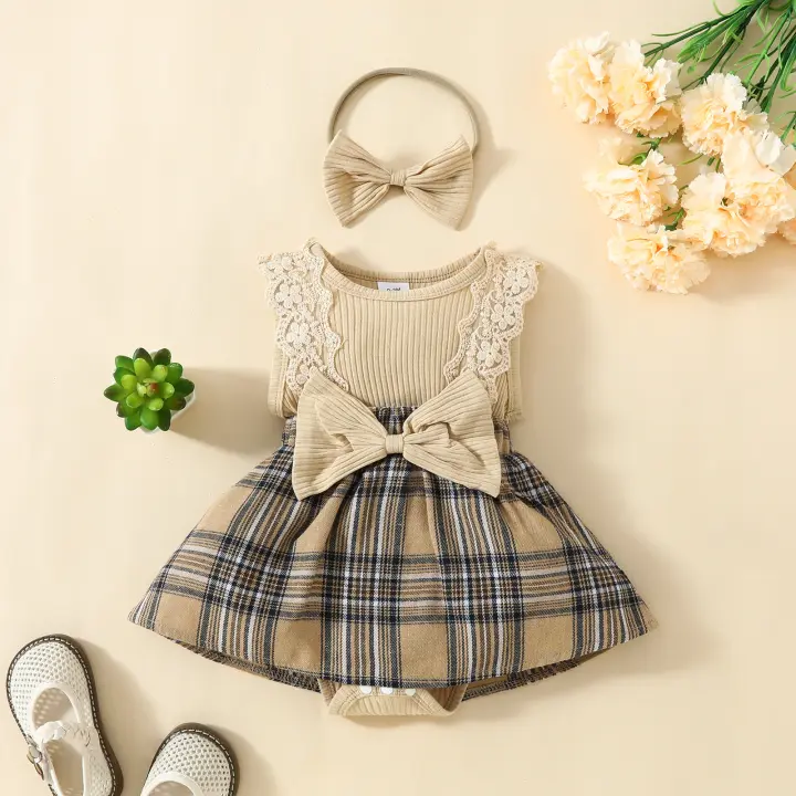 Vestido de Encaje triangular Sin Mangas Para Bebé Niña, ropa de cuerpo, Cinta Para El Pelo, 0 a 1 Años, 2024 - 1