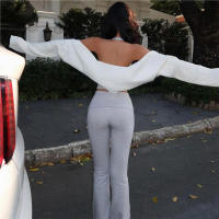 BUNO-Conjunto informal de 2 piezas de gato extraño para mujer, camisola deportiva con cuello Halter y pantalón acampanado, ropa de calle a juego, liso y elástico, sencillo - details 10