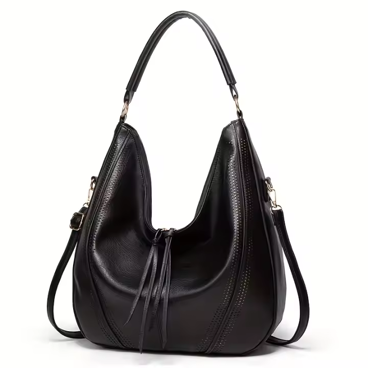 Elegantes borlas de hombro retro para mujer - Hobo de gran capacidad con correa desmontable, negro, tono dorado y decorativo - 1