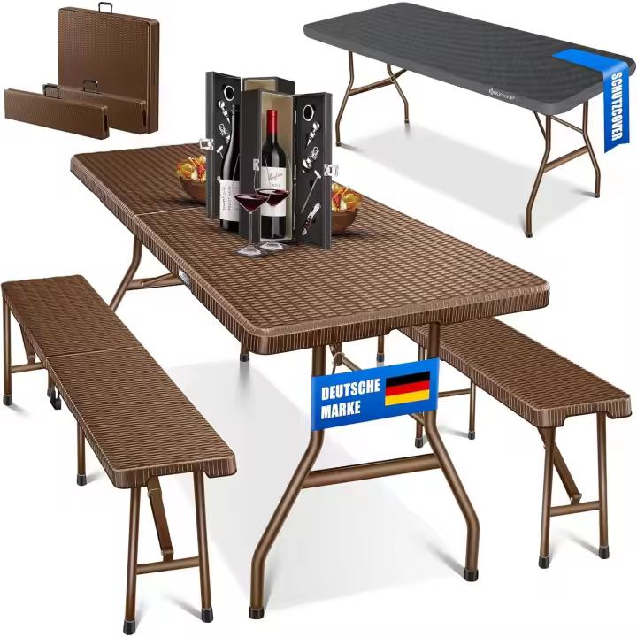 Piezas, Mesa + 2X Banco, Mesa Plegable, Plástico, Juego de jardín con Aspecto de ratán/Plegable, Asas - 1