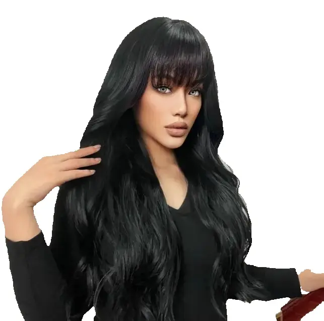 Pelucas Negras Rizadas de 24 Pulgadas Estilo con Flequillo para Mujeres - 1