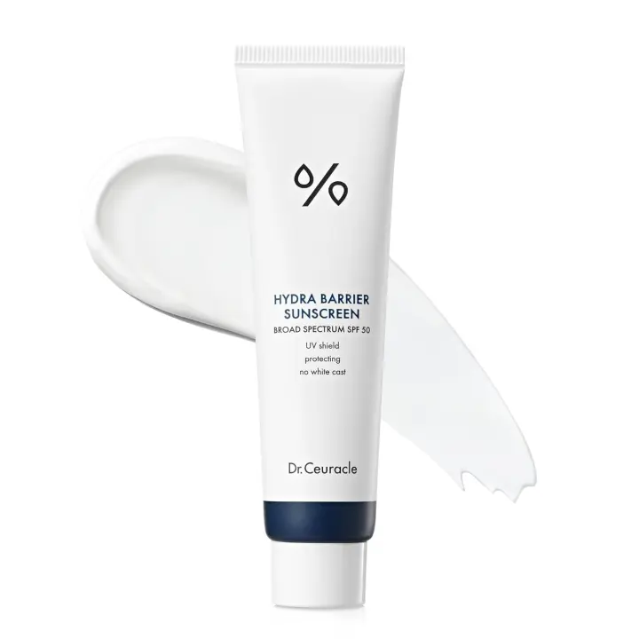 Hot Dr.Ceuracle Hydra Barrier Facial Broad Spectrum SPF 50 - Protector solar mineral coreano con óxido de zinc y ácido hialurónico, Dewy - 1