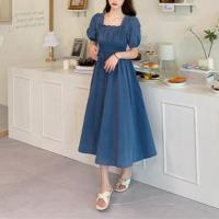 Vestido de verano para mujer, fruncido plisado, cuello cuadrado, manga corta, manga de burbuja, vestido de mujer de Color sólido, vestido Midi con dobladillo suelto - details 11